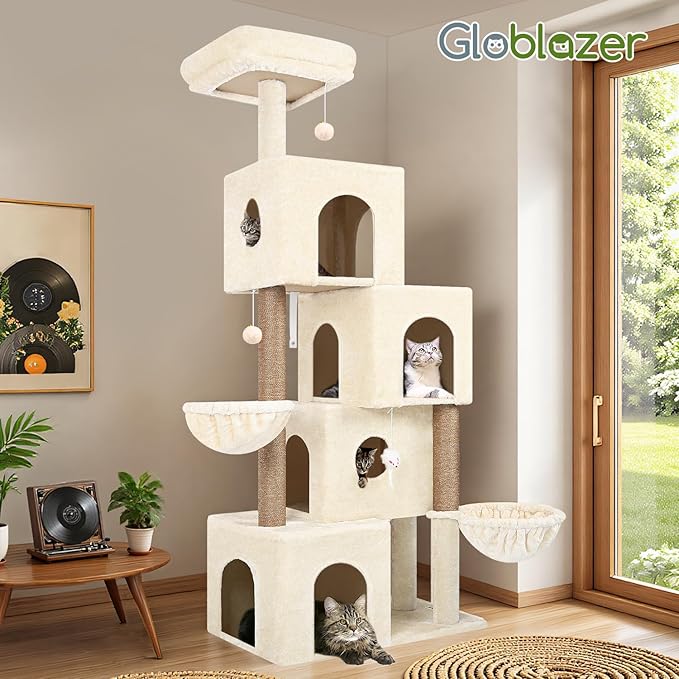 Globlazer Large Cat Tree Condos for Indoor Cats Large Adult, 70inch Tall Cat Tree Condo Tower with 4 Spacious Cat Condo Houses, 3 Sisal Scratching Posts, 2 Adjustable Hanging Baskets, F70C, Beige