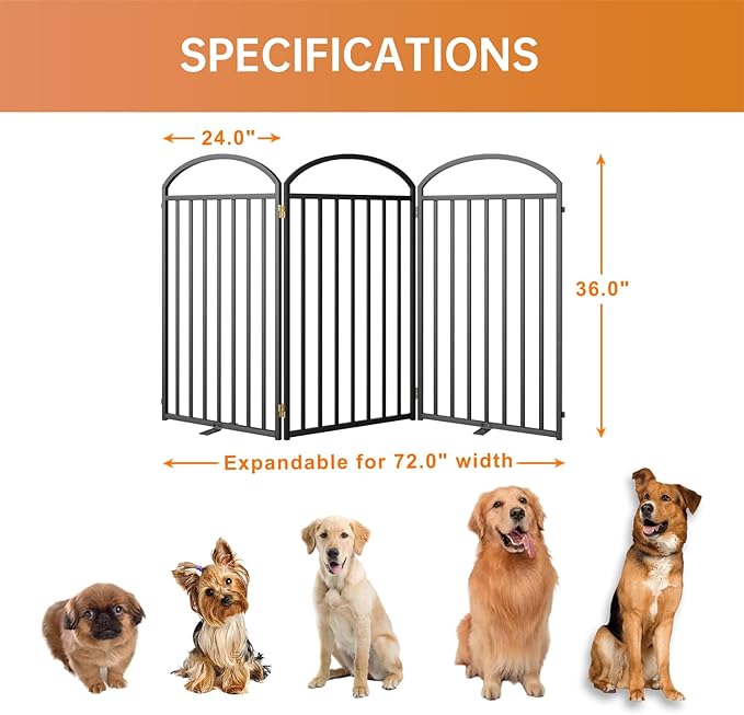 3 Panels Full Matel Freestanding Dog Gates with Door, 72"Extra Wide 36"Tall Free Standing Dog Pet Gate for Indoor & Outdoor. Foldable Pet Fences for Doorways, House, Stairs, Porch, Deck, Yard