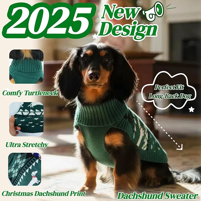 Ultra-Soft & Thermal Turtleneck Dachshund Sweaters, Adorable Winter Christmas Knitted Dachshunds Sweater, Pullover Weiner Dog Clothes for Girls Boys, Puppy Outfit for Male Female Weenie Dogs(Green, L)