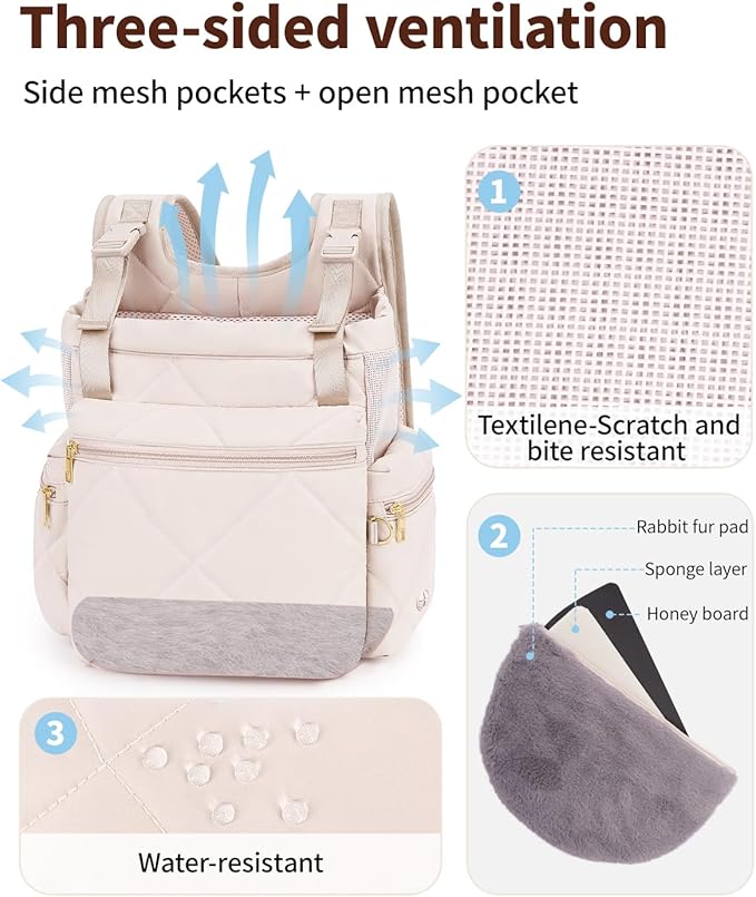 OFY Cat Carrier Puffy Backpack Breathable Small Dog Front Backpack Large Space for Small Dogs, Drawstring & Water-Resisant Pet Bag for Travel Hiking, Beige Gray Patent Pending