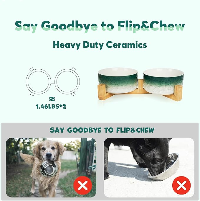 YOBRO Elegant Dog Bowls Set for Medium Dogs, Beautiful Ceramic Stone Alike Style, Pet Bowl Set with Wooden Stand, Non-Slip, Modern Food or Water Breeds Dishs, Gifts for Dog Owners, Green
