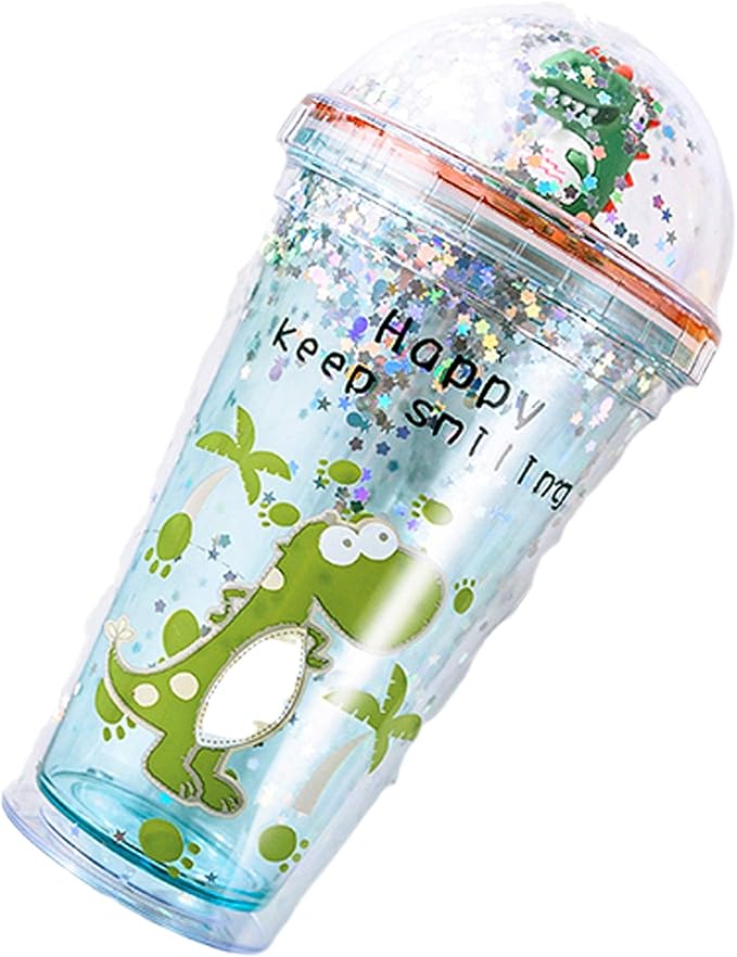 Dinosaur Cups with straw Travel Tumblers Water Bottle Ice Coffee Mugs Reusable Plastic Party Cup Birthday Gift (light green dinosaur, 6.5 * 20 cm)
