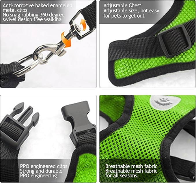 shudyear Summer cat Chest Harness and Leash, Anti-Escape Adjustable Soft mesh cat Leash and Chest Harness Set for All Types of Cats cat Vests (Size M,Green)