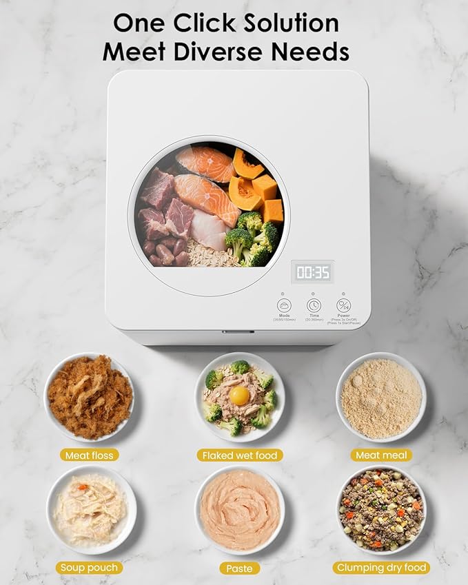 Pet Fresh Meal Maker, Auto 5-in-1 Pet Food Cooker with Chop,Slow Cook, Mix, Self-cleaning and Timer, 2.6 Quart Capacity Dog Food Maker Makes 1.5 Lbs Foods for 2 Dogs, DIY Pet Recipes, Wet or Dry Food.