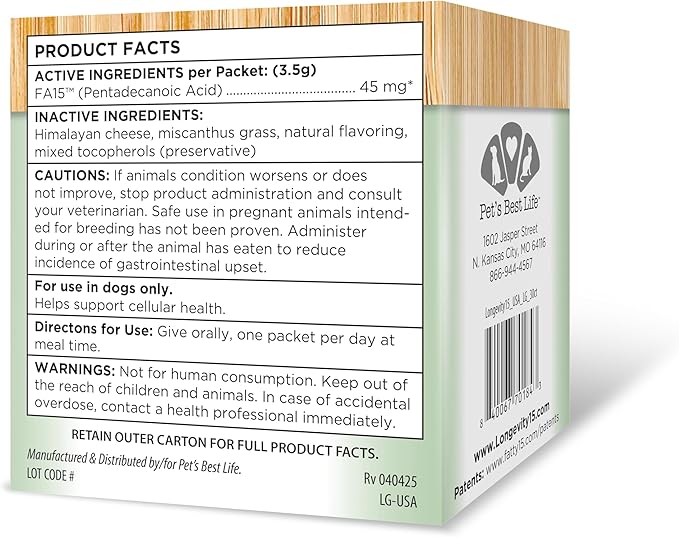 Longevity15 – C15:0 – Fatty Acid Health Supplement for Dogs – Healthy Pet Supplies – for Large Dogs, 1 Pack