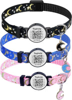 Cat Collar with Name Tag,3Pack. Breakaway Cat Collars with Moons Stars Cute Kitty Adjustable Safe Kitten Collars with Smart ID tag (Black & Blue & Pink, Just Collar)