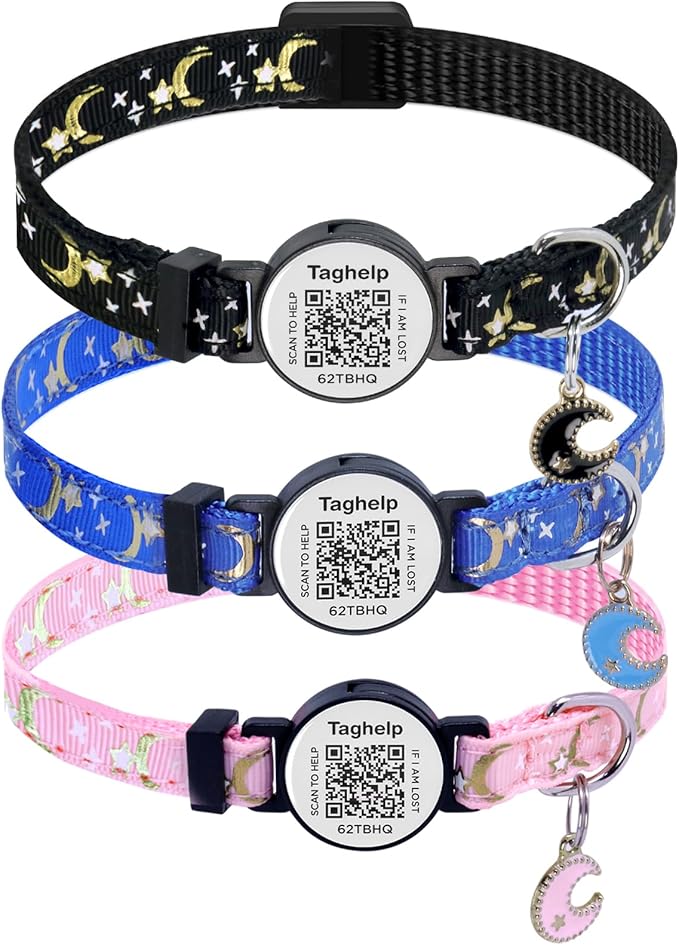Cat Collar with Name Tag,3Pack. Breakaway Cat Collars with Moons Stars Cute Kitty Adjustable Safe Kitten Collars with Smart ID tag (Black & Blue & Pink, Just Collar)