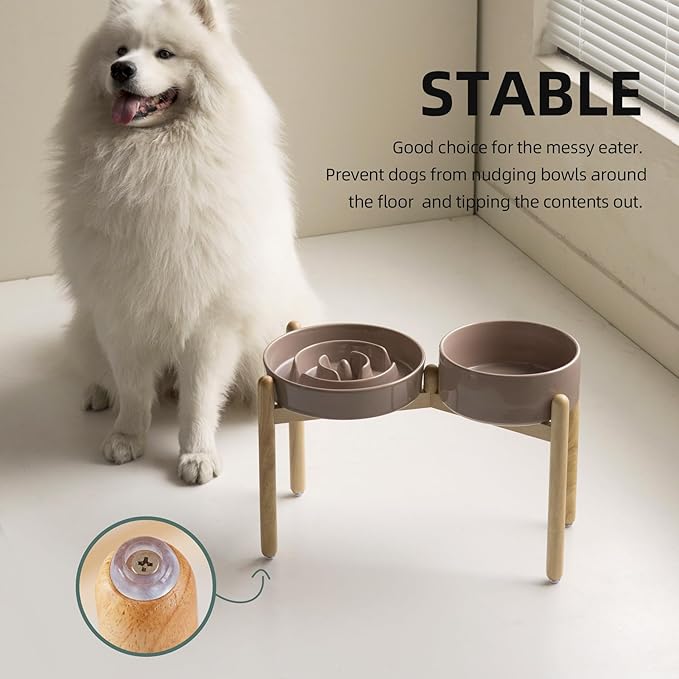 Ceramic Raised Slow Feeder Dog Bowl Set, Elevated 8.2inch Bowl and 9.5inch Puzzle Slow Food Dish with Wooden Stand for Large Dog, Anti-Gulping (2X Brown Coffee+ Stand)