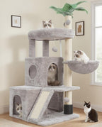 Cat Tree for Indoor Cats Large Adult, Heavy Duty Cat Tower for Big Cats, Cat Tree House with Self Groomer Brush, Big Padded Top Perch, Scratching Post, Hammock, Light Gray GCT012W