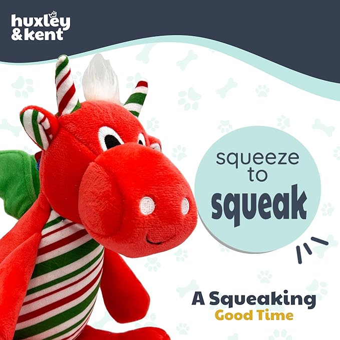 Huxley & Kent Funny Dog Toy w/Squeaker – Holiday Power Plush Squeaky Dog Toys for Small, Medium & Large Dogs – Soft Stuffed Animal for Indoor Play & Fetch - Snowball Dragon, Small
