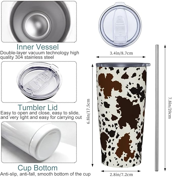 Western Cow Print Tumbler with Lid and Straw, 20 Oz Stainless Steel Insulated Brown Cow Water Bottle Cup Coffee Mug