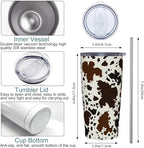 Western Cow Print Tumbler with Lid and Straw, 20 Oz Stainless Steel Insulated Brown Cow Water Bottle Cup Coffee Mug