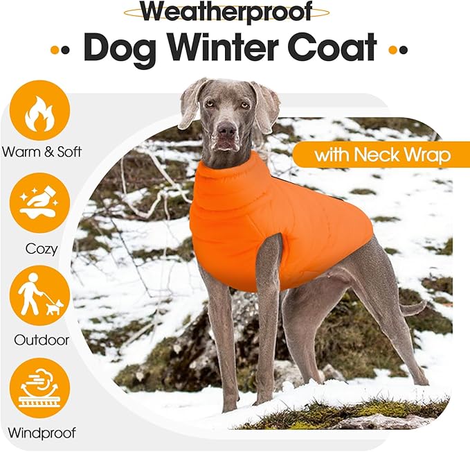 Winter Dog Coat for Extra Large Dogs with Back Zipper Detachable Neck Wrap, Windproof Warm Pet Jacket Vest, Dogs Snowsuit Cold Weather Coat, German, Pointer, Golden Retriever, Orange 2XL