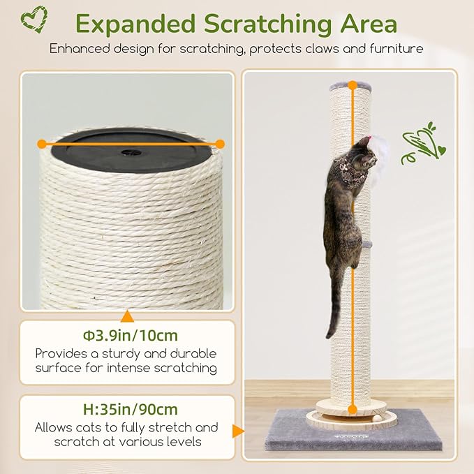 Globlazer Extra Thick Large Scratching Post for Indoor Cats Adults and Kittens, 35in Tall Natural Sisal Rope Scratcher Post, Large Cat Scratcher with Ball Interactive Toy, SC35, Light Grey