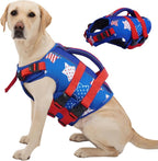 Kuoser Dog Life Jacket High Flotation, American Flag Dogs Life Vest for Swim Boating, Independence Day dog lifejacket with Reflective & Rescue Handle, Adjustable Doggy Life Preserver for Large Dogs XL