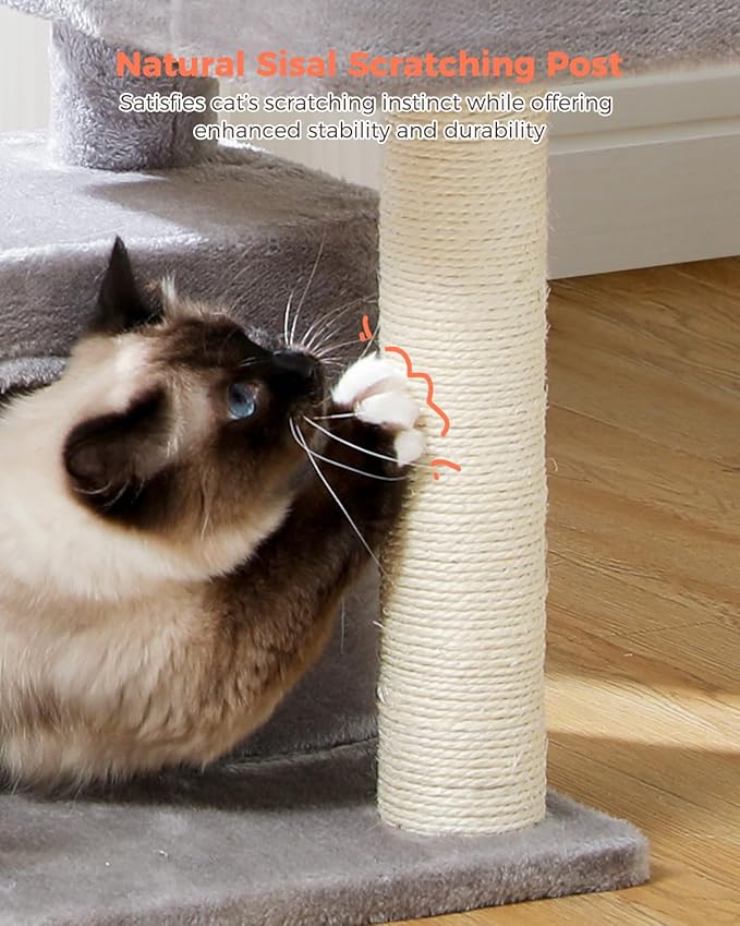 32" Cat Tree Tower for Indoor Cats - 2 Cozy Condos, Multi-Level Cat Scratching Posts with Sisal, Soft Padded Perch, 2 Dangling Toys, Light Grey