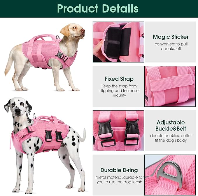 Kuoser Dog Life Jacket High Flotation, Reflective Dogs Life Vest for Swimming Boating, Adjustable Small Medium Large Dog lifejacket, Lightweight Dogs Life Preserver Rescue Handle Spring Summer Pool