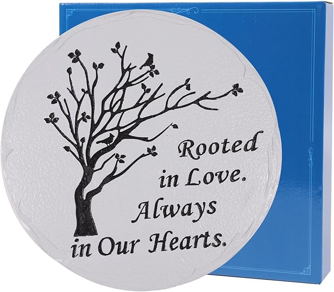 10 Inch Polyresin Memorial Garden Stone, Rooted in Love Stepping Stones Oudoor, Memorial Gifts for Loss of Loved One, Décor for Homes, Lawn and Garden (Grey Round Tree)