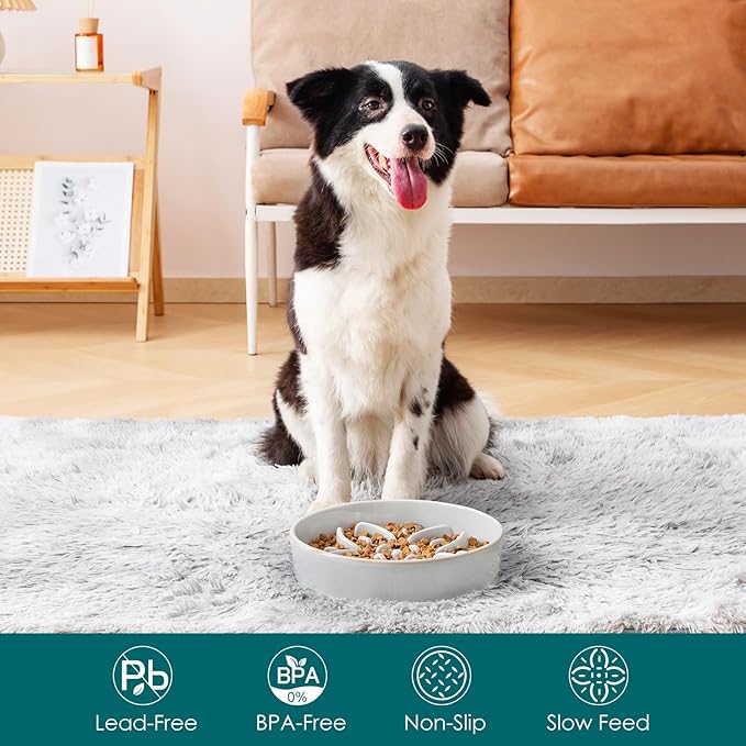 vancasso Ceramic Slow Feeder Dog Bowls, Puzzle Dog Food Bowls with Floral Maze, Anti -Slip Pet Food Dish for Large Breed, 3 Cups, Grey