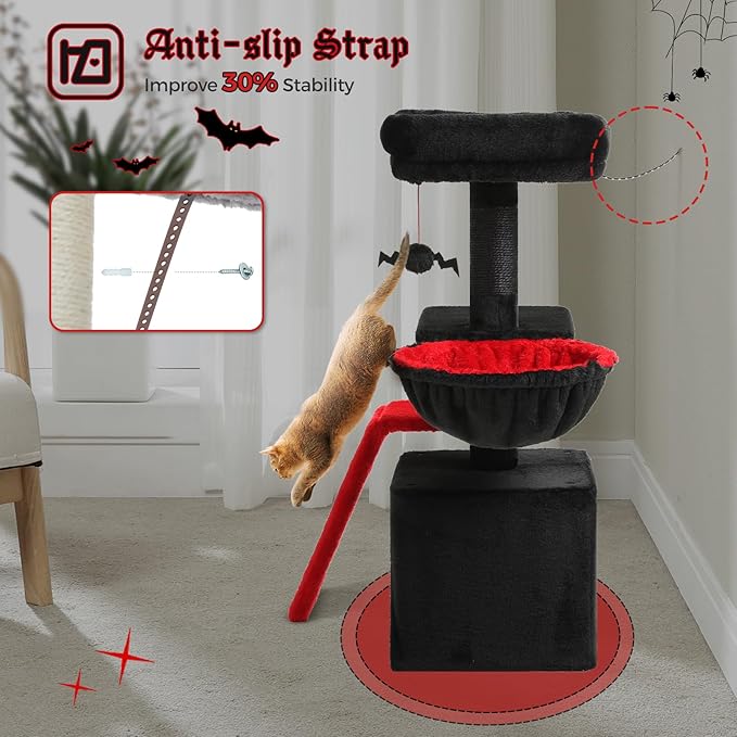 PETEPELA Gothic Cat Tree Tower for Indoor Cats, 31.5'' Small Cat Tower Condo with Sisal Scratching Ramp, Cozy Hammock and Removable Flower Cat Bed Perch for Kittens, Black