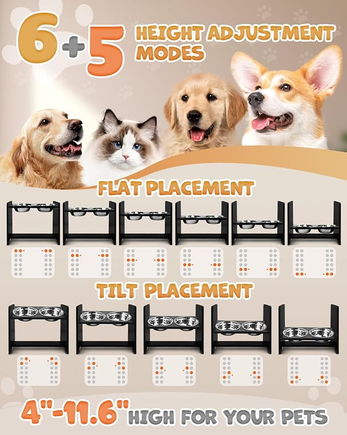 Elevated Dog Bowls, Adjustable Raised Dog Bowl Stand for Medium Size Dogs and Cats, Durable Bamboo Dogs Feeder with 2 Stainless Steel Bowls and Non-Slip Feet, Pet Food Bowl for Medium Sizes