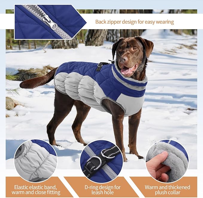 Large Dog Coat, XXLarge Dog Winter Coat, Waterproof Pet Jacket with Back Zipper,Extra Large Pet Coats, Warm Fleece Jacket with D-Ring, Windproof Winter Clothes Golden Retriever,Blue,XXL