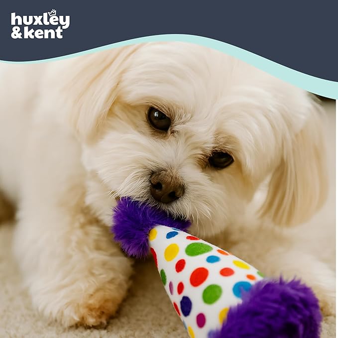 Huxley & Kent Funny Dog Toy w/Squeaker – Power Plush Squeaky Dog Toys for Small Dogs – Durable Small Stuffed Animal for Indoor Play & Fetch - Tiny Tuff Polka Dot Party Hat