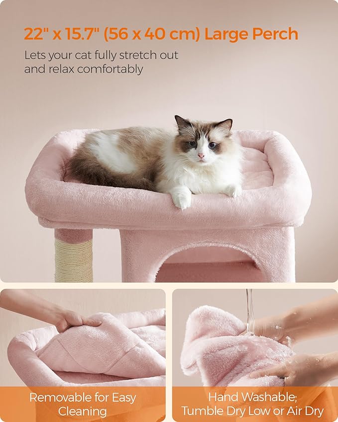 Feandrea Cat Tree, 33.1-Inch Cat Tower, L, Cat Condo for Large Cats up to 16 lb, Large Cat Perch, 2 Cat Caves, Scratching Post, Jelly Pink UPCT061P01