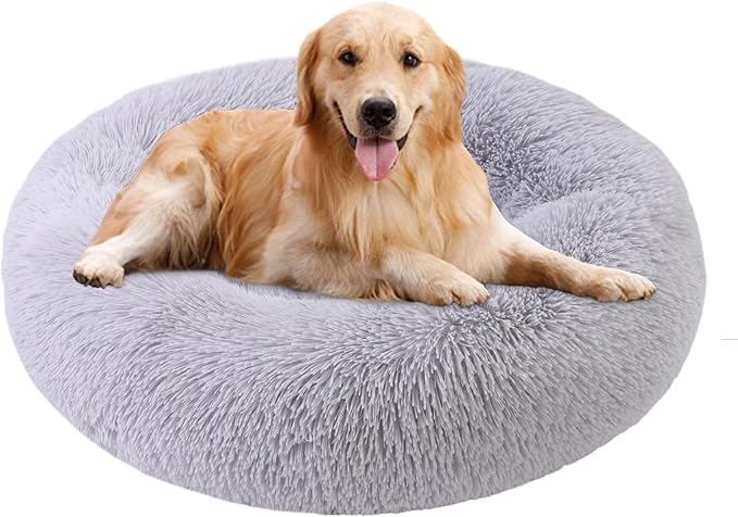 Calming Dog Bed, Dog Beds Fits up to 80 lbs Pets, Fluffy Donut Dog & Cat Bed Washable, Round Anti Anxiety Dog Bed, Small Dog Bed with Non-Slip Bottom (Light Grey, 36" x 36")