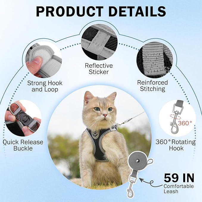 SCENEREAL Cat Harness and Leash Set Escape Proof, Adjustable Soft Air Mesh Kitten Harnesses for Girls Boys Small Medium Big Cats, Reflective Light Travel Pet Walking Vest for Puppy Rabbit, Black L