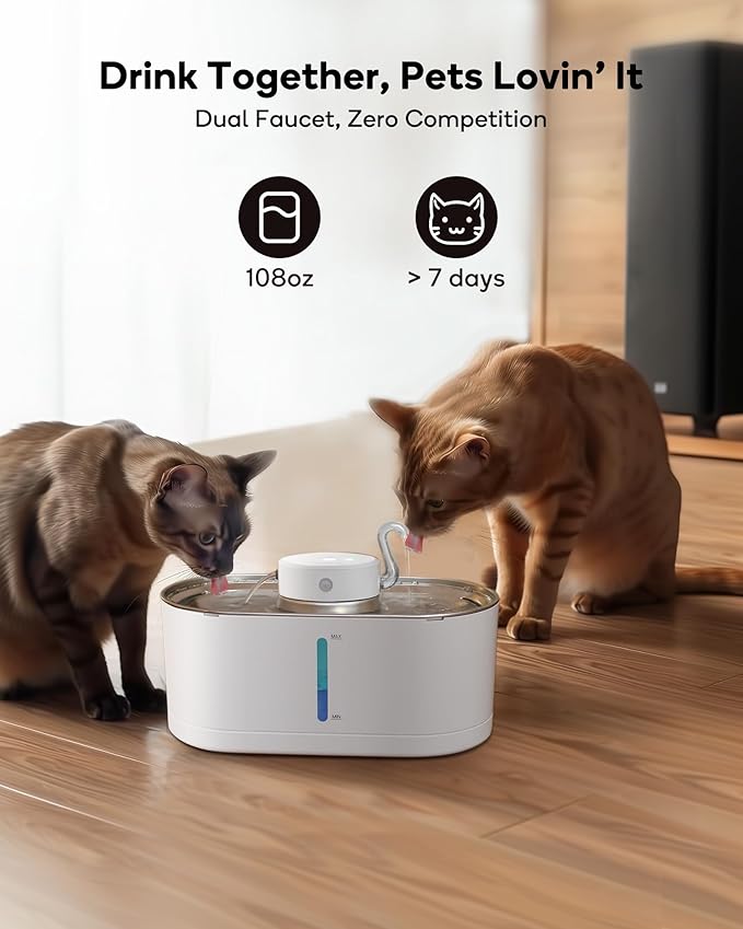 Cat Water Fountain Cordless, 108oz/3.2L Wireless Cat Fountains for Drinking, Pet Water Fountains for Cats Indoor, Automatic Cat Water Dispenser Battery Operated Rechargeable, Stainless Steel White