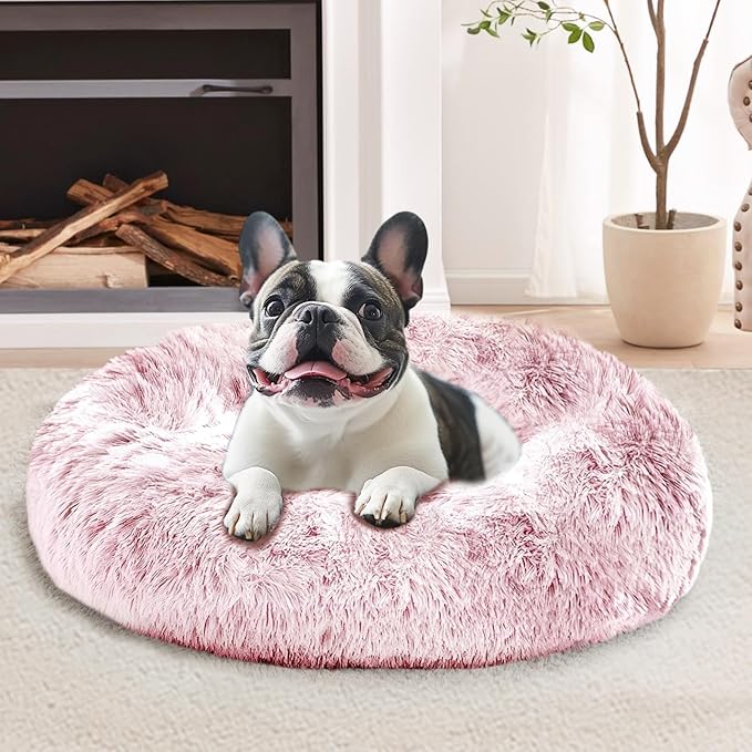 JOLLYVOGUE Calming Dog & Cat Bed for Small Dogs, Anti-Anxiety Donut Cuddler Cozy Soft Round Bed with Anti-Slip Bottom, Fluffy Faux Fur Plush Cushion Beds for Small Medium Dogs, 20"/Smoke Pink