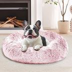 JOLLYVOGUE Calming Dog & Cat Bed for Small Dogs, Anti-Anxiety Donut Cuddler Cozy Soft Round Bed with Anti-Slip Bottom, Fluffy Faux Fur Plush Cushion Beds for Small Medium Dogs, 20"/Smoke Pink