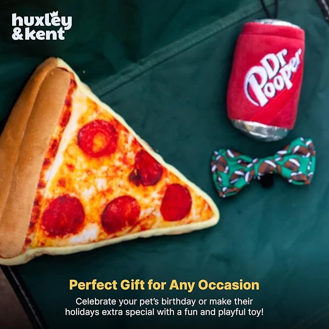 Huxley & Kent Funny Dog Toy w/Squeaker – Power Plush Squeaky Dog Toys for Small, Medium & Large Dogs – Soft Stuffed Animal for Indoor Play & Fetch - Pup-eroni Pizza, Small