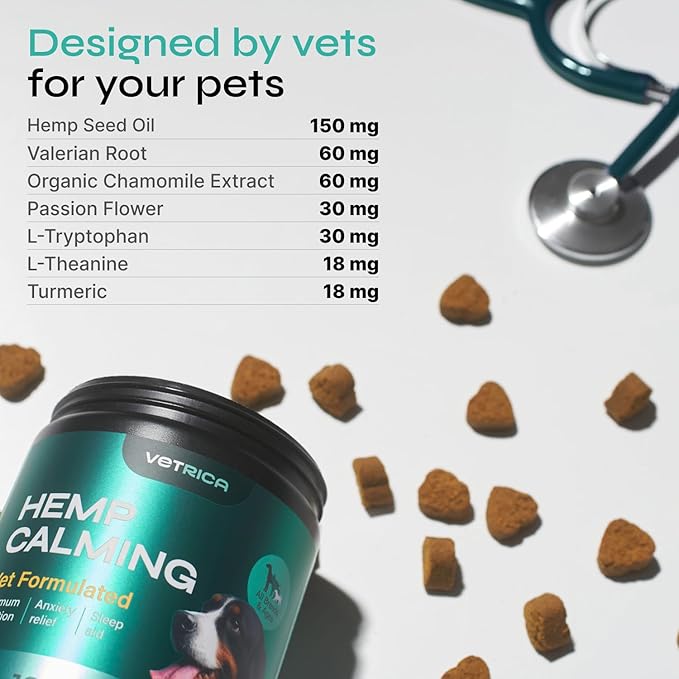 Calming Chews for Dogs Anxiety Relief - Hemp Calming Chews for Dogs with Valerian Root, Hemp Seed Oil, Turmeric, L-Theanine - Soft Treats for Storms, Fireworks, Separation, Vet Visits, Grooming