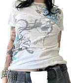 Gothic Tees for Women Y2K Grunge Graphic Short Sleeve Crew Neck T-Shirts 90s Vintage Aesthetic Emo Clothes
