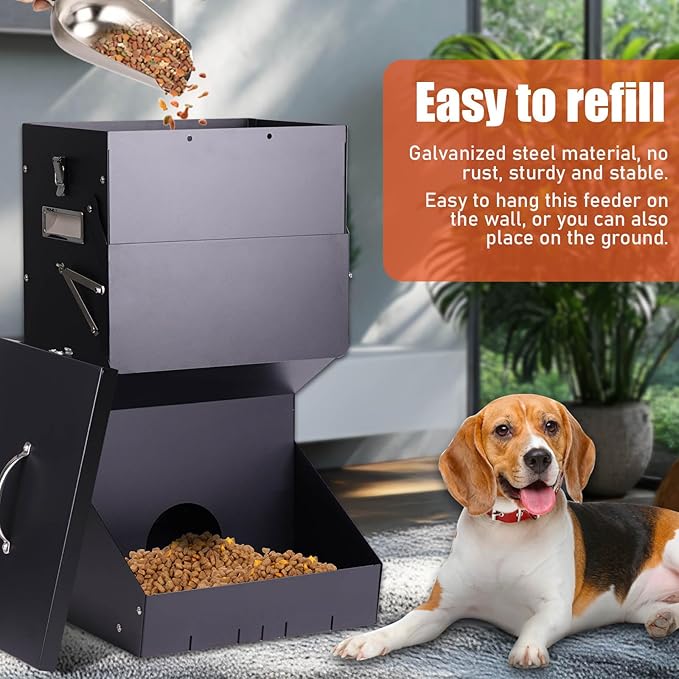 Outdoor Automatic Dog Feeder Large Breed 25 lbs, Galvanized Gravity Feeder for Dogs Metal Self Feeding Dog Food Dispenser Hanging Pet Food Feeders for Dogs Chickens and Farm Animals