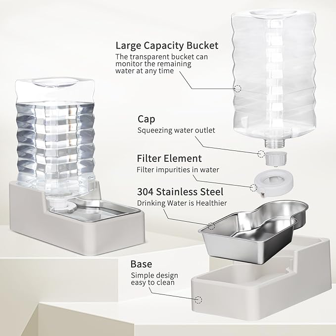 RIZZARI Stainless Steel Pet Water Feeder: 9L Automatic Leak-Proof Gravity Dispenser for Cats Dogs Indoor Outdoor Use（Beige with Filter,9L）