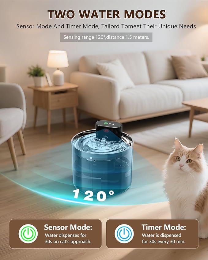 Wireless Cat Water Fountain Stainless Steel, AUPETM Cat Fountain 3.5L Battery Operated Pet Water Fountain for Cats Indoor, Motion Sensor Cat Drinking Fountain with 3 Sets Filter (5000mAh, WF080)