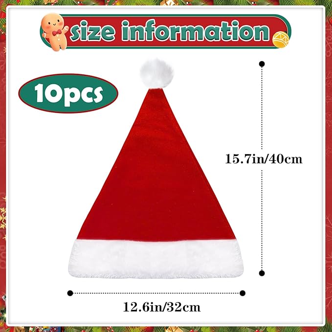 10Pcs Santa hats bulk, Christmas Hat bulk for Adults, Gorros De Navidad for women and men, Classic Plush Fluffy for Xmas New Year Party Decorations