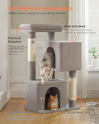 XL Cat Tower 44" Cat Tree for Large Cats 20 lbs+, 2 Spacious Condos with 3.4" Thickened Scratching Post, Large Top Perch, 2 Interactive Toys, Grey