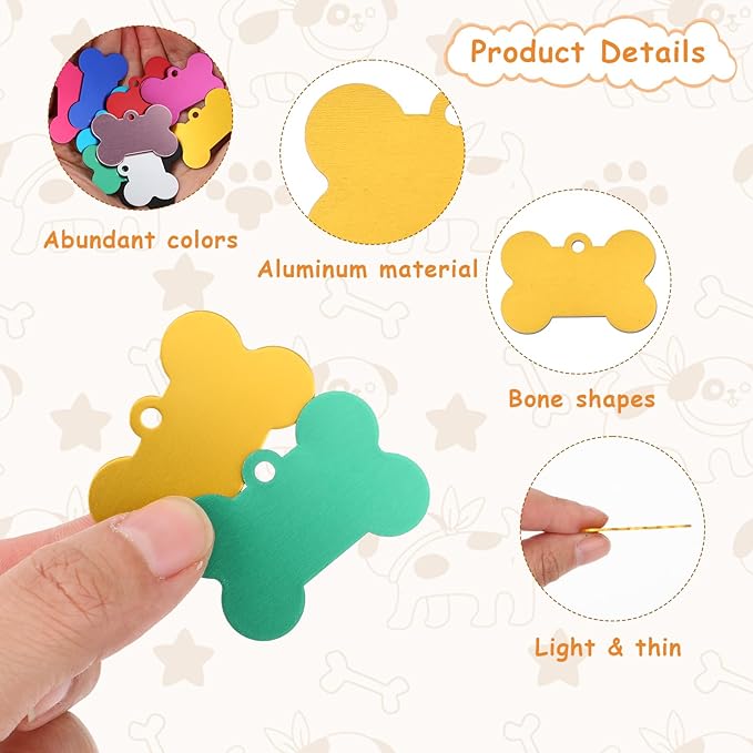 100 Pcs Blank Dog Tags for Engraving 38mm Pet ID Tags Aluminum Bone Shape Name Tag Colorful Double Stamping Dog Cat Phone Number Tag Collar Pendants with Hole