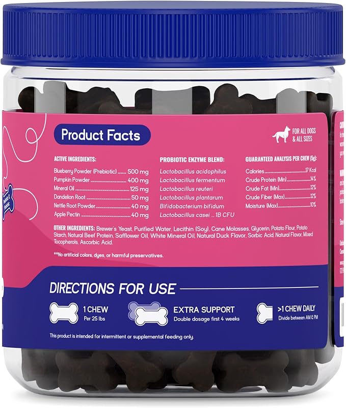 PupGrade Digestive Support Chews for Dogs - Prebiotic and Probiotic Supplement with Enzyme Blend - Upset Stomach, Diarrhea, Bowel, and Immune Support - Pumpkin, Blueberry, Mineral Oil - 180 Soft Chews