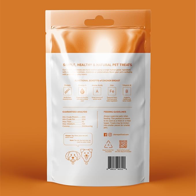 Skona PetFood Chicken Breast Jerky Dog Treats & Cat Jerky Treats, High Protein, Single-Ingredient Training Snacks, Grain-Free, USA Made, Rich in Taurine, Supports Digestion & Dental Health, 4oz