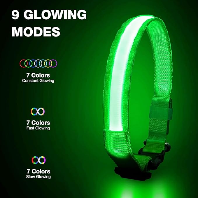 Pceotllar Light Up Collar - Rechargeable Led Dog Collar with Automatic 7-Color Changes, Water Resistant, Bright Glow for Night Walking (Green, M)