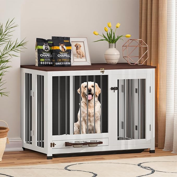 Dog Crate - 39.4" Dog Kennel Furniture with 360° Rotating Feeder & Removable Tray | Versatile Indoor Dog Cage End Table for Medium & Large Dogs, White Wooden Dog Crates for Living Room