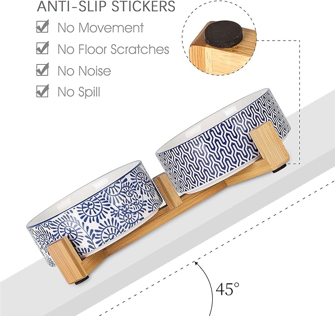 Selamica Ceramic 30 OZ Dog Bowls, Dog Food and Water Bowls with Wooden Stand, Anti-Slip Dog Dishes Set for Cats Small & Medium Sized Dogs, Weighted Pet Bowls Set of 2, Vintage Blue B