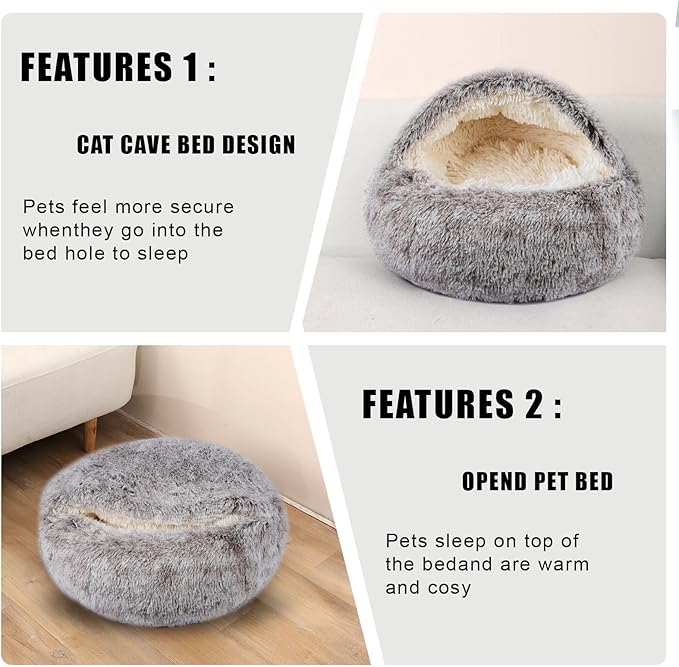 Calming Dog Beds & Cat Cave Bed with Hooded Cover,Washable Round Beds for Small Medium Pets,Anti-Slip Faux Fur Fluffy Coved Bed,Comfortable Warming Pet Bed (24 * 24inch,Khaki)