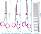 5 in 1 Premium Dog Grooming Scissors, Professional Dog Scissors for Grooming with Safety Round Tips, Lengnoyp Stainless Steel Thinning Shears, Pet Cat Shears for Grooming Kit, Pink
