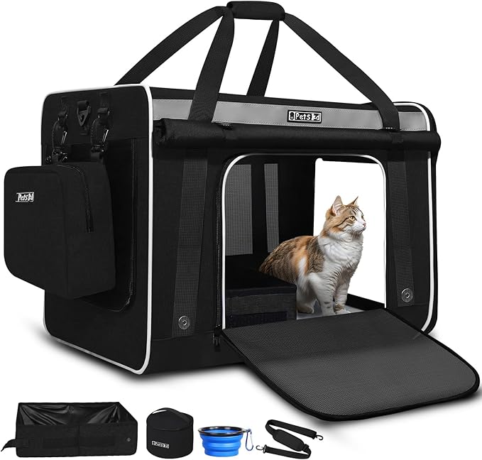 Petskd Extra Large Cat Carrier for 55LBS Pet Car Travel with Litter Box, 24"x17"x17" Soft Large Cats or Medium Dog Carrier with 5 Breathable Mesh Windows and Locking Zippers for Long Distance(Black)